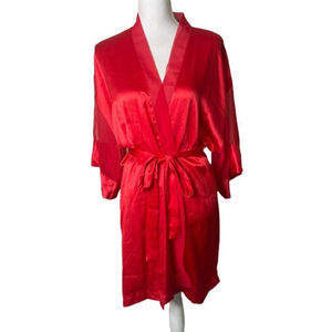 Vintage Gold Label Victoria's Secret Satin Robe Red  0/S Sheer Sleeves Trim a37